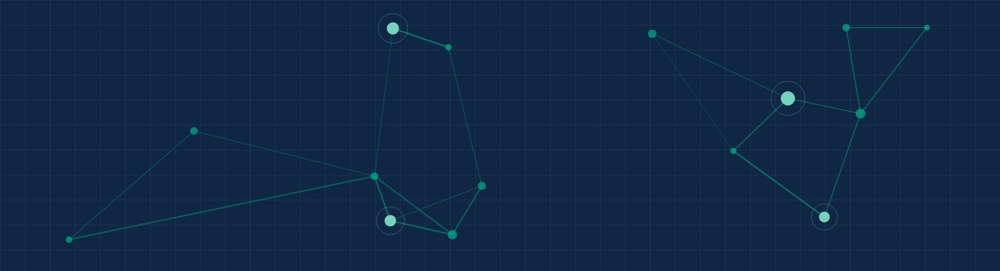 Abstract network graph of connected nodes representing query workloads flowing into the rule library